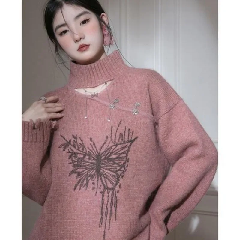 Chinese Style Butterfly Printing Sweet Sweater Women Autumn Winter Hollow Out Fashion Knitwear Trend All-match Knitting Tops