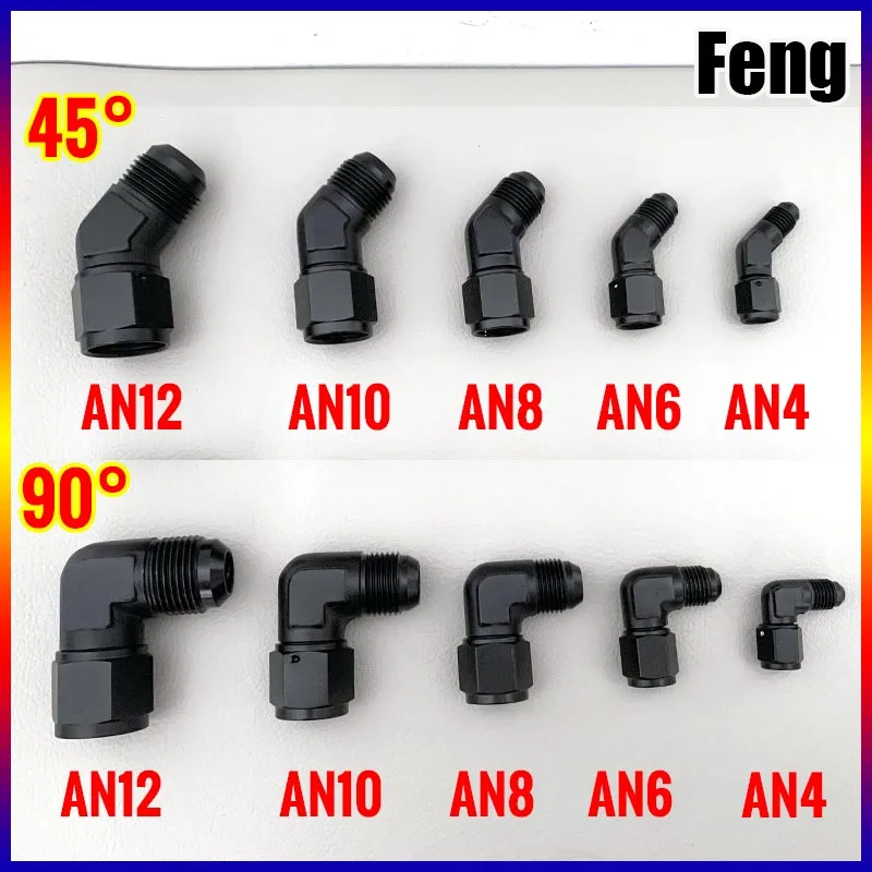 AN4 AN6 AN8 AN10 AN12 Black Female to Male 45 Degree 90 Degree Swivel Hose Fitting Adapter Aluminium