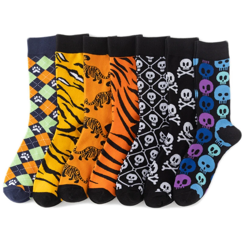 1 par de nuevos calcetines Funky con calavera para hombre, dibujos animados de tigre, Alien, novedad, Hip Hop, naranja, tendencia loca, regalo