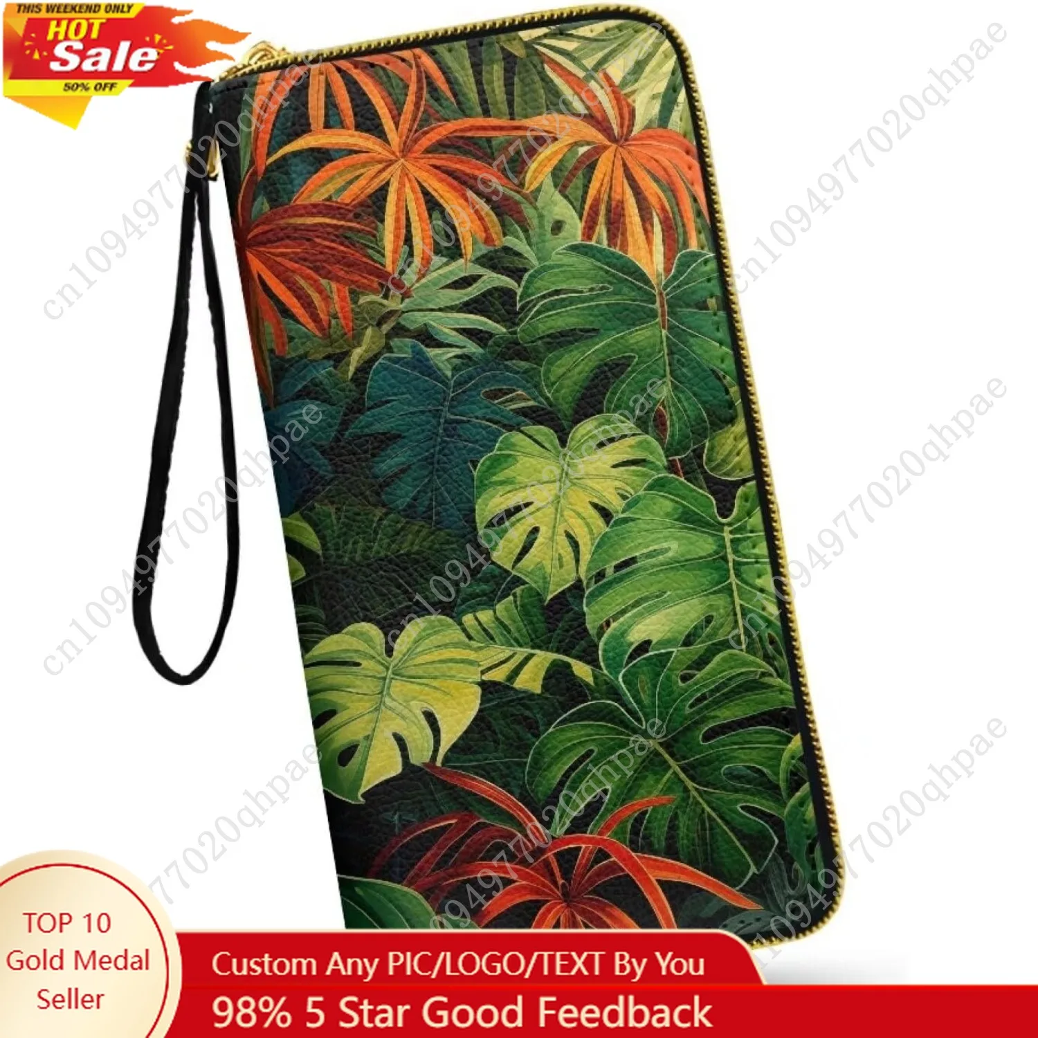 

Tropical Plants Women's Wallet Long Clutch Jungle Forest Monstera Palm Print Zip Around Travel Leather Purse, Green Credit Card