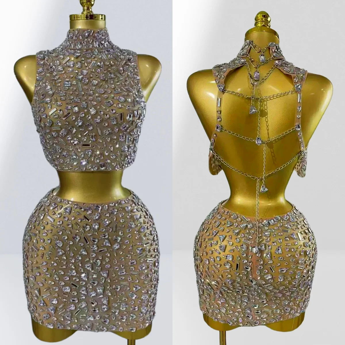 Luxury Sparkling Diamonds Mesh See Through Blackless Tank Top Skirt 2 Pieces Celebrate Birthday Nightclub Show Photo Shoot Wear