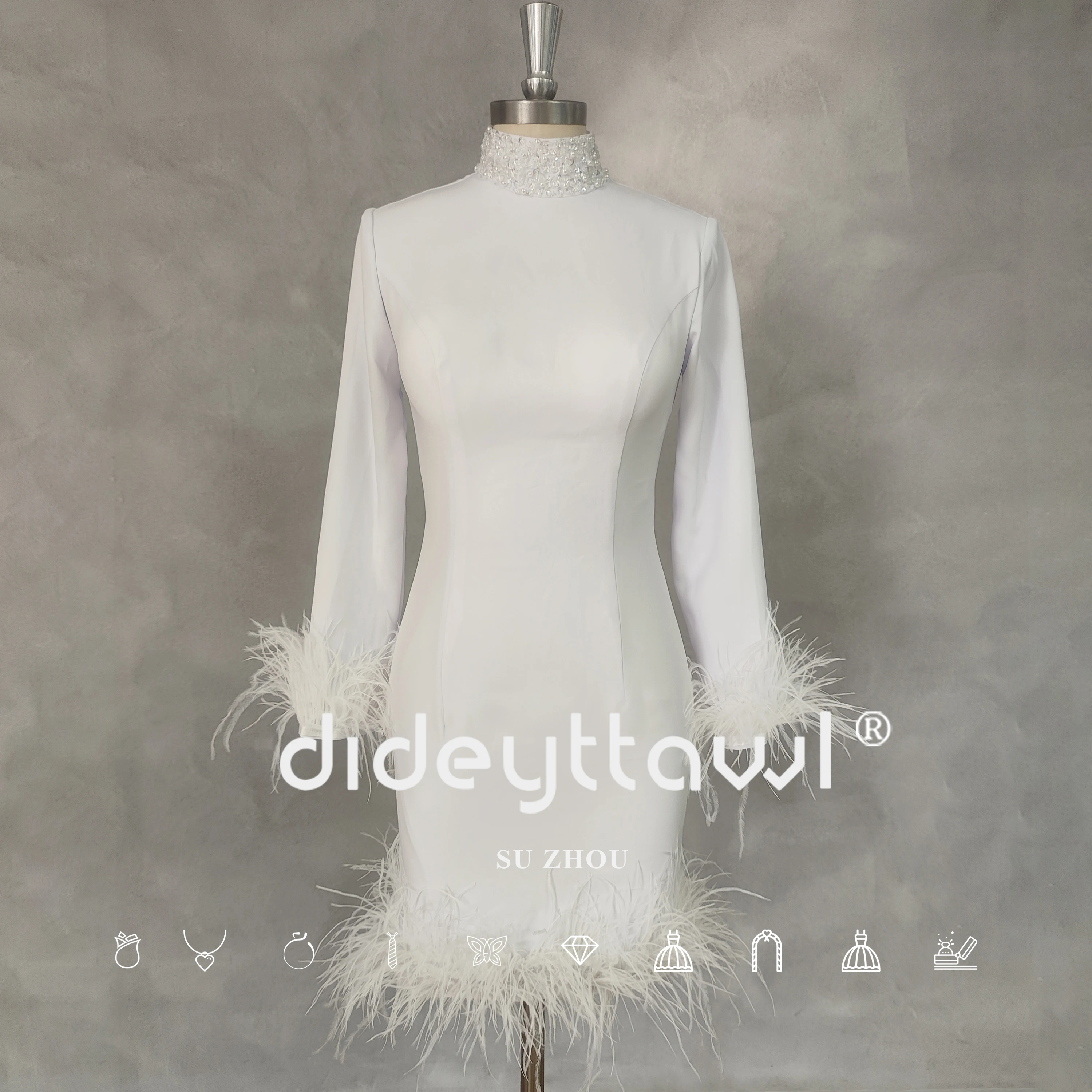 DIDEYTTAWL Long Sleeves High-Neck Feather Shiny Crepe Mini Wedding Dress For Women Zipper Back Short Above Knee Bridal Gown