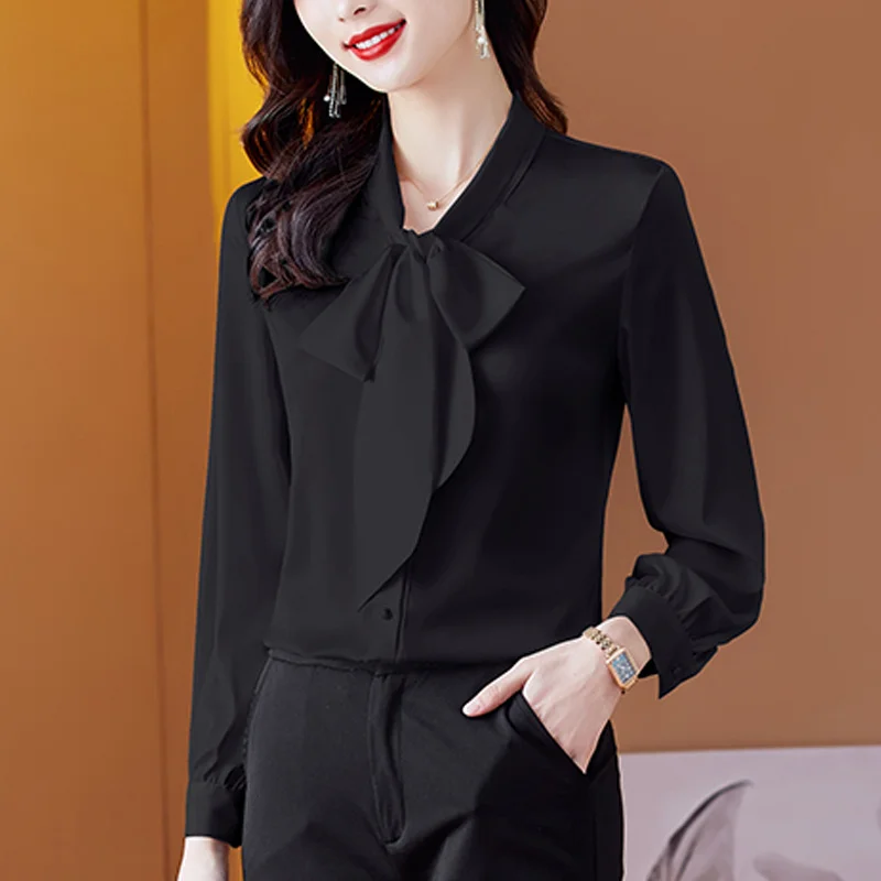 #2513 Spring 2023 Chiffon Shirts Women Bow Collar Long Sleeve Shirt Black White Green Red Office Shirts Ladies Elegant Shirts