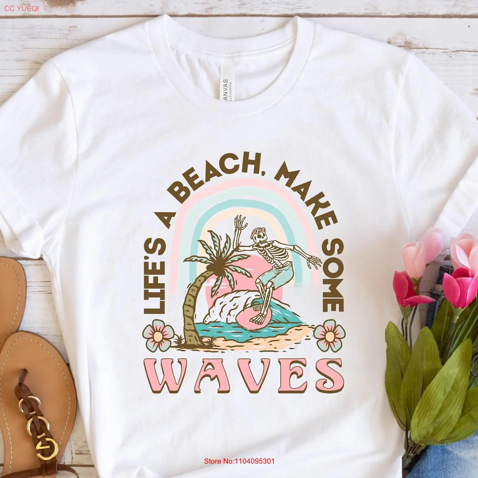 Life's A Beach Make Some Waves T Shirt Retro Summer Vibes Boho for Women Funny long or short sleeves