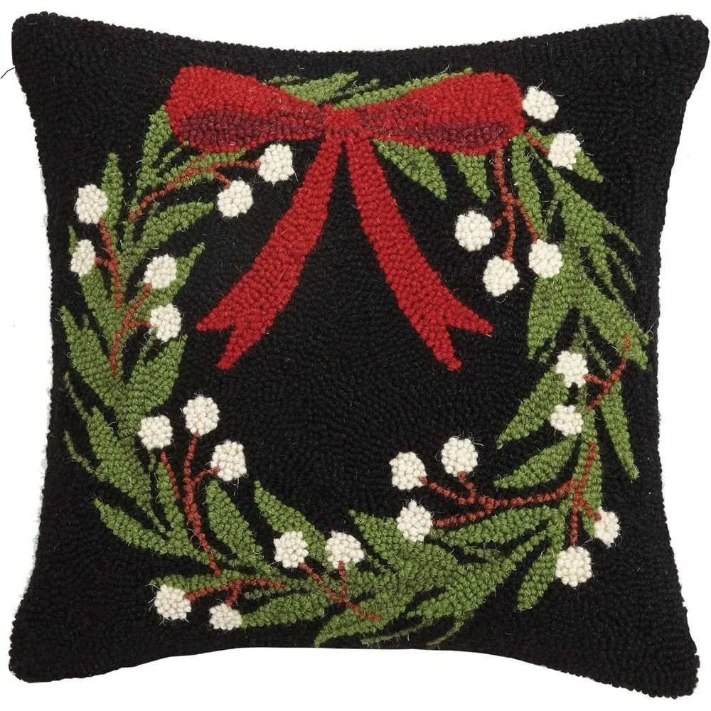 Wreath Holiday Hook Pillow - 16-inch Square Decorative Accent