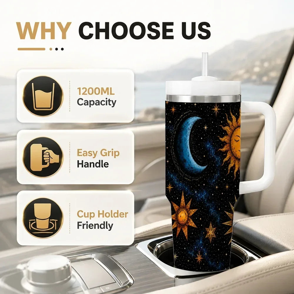 Golden Moon Mandala Vacuum Flasks 40oz Leakproof Steel Tumbler w/ Lid Straw Handle Hot Cold Drinksorders for other colors will be shipped randomly in black or white