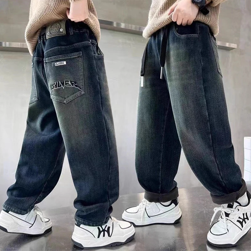 Modische Jungen-Jeans Frühling Herbst Kinder Lässige Gerade Weite Denim-Hosen Teenager Streetwear Sport-Hosen Kinderkleidung