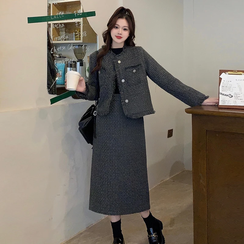 Autumn and Winter New Plus Size Women\'s Clothing Elegant Socialite High-end Slimming Versatile Tweed Jacket Skirt Two-piece Set