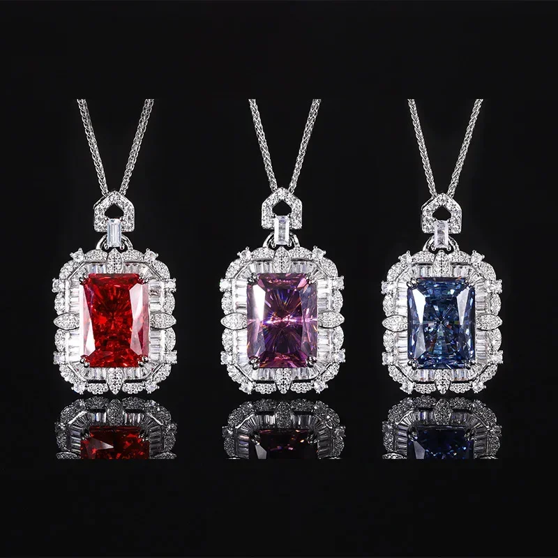 

Luxury S925 Sterling Silver Pendant Necklace with Rectangular Pink Blue Gemstones Elegant Women Designer Jewelry Dropshipping