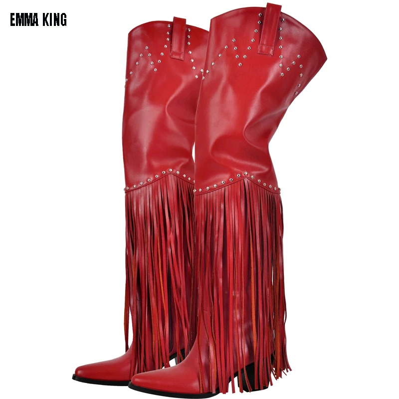 

Fringes Thigh High Boots Women High Block Heels Trending Red Pu Boots Slip On Autumn Women Pointed Toe Fashion Shoes 44