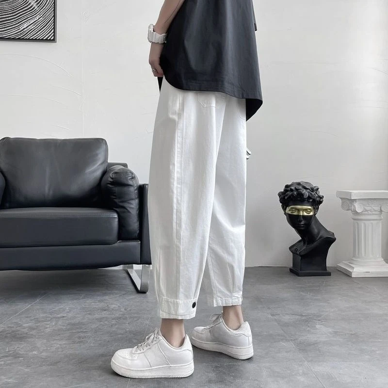 

Cropped Male Trousers Spandex Clothes Plus Size Trend Aesthetic Korean Style Streetwear Fashion 2025 Cheap Men's Casual Pants