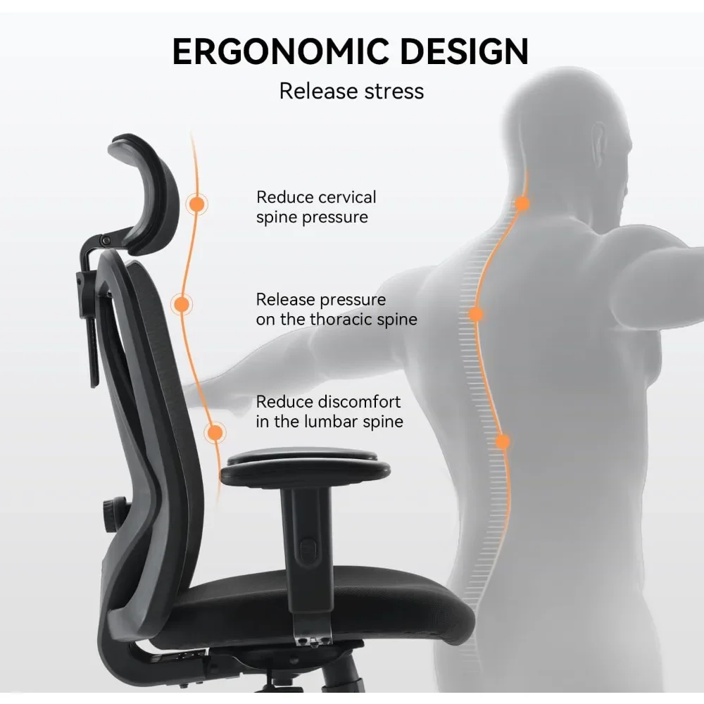 Office Chair Ergonomic , Mesh Computer Desk Chair Adjustable Sponge Lumbar Support, Thick Cushion, PU Armrest and Headrest