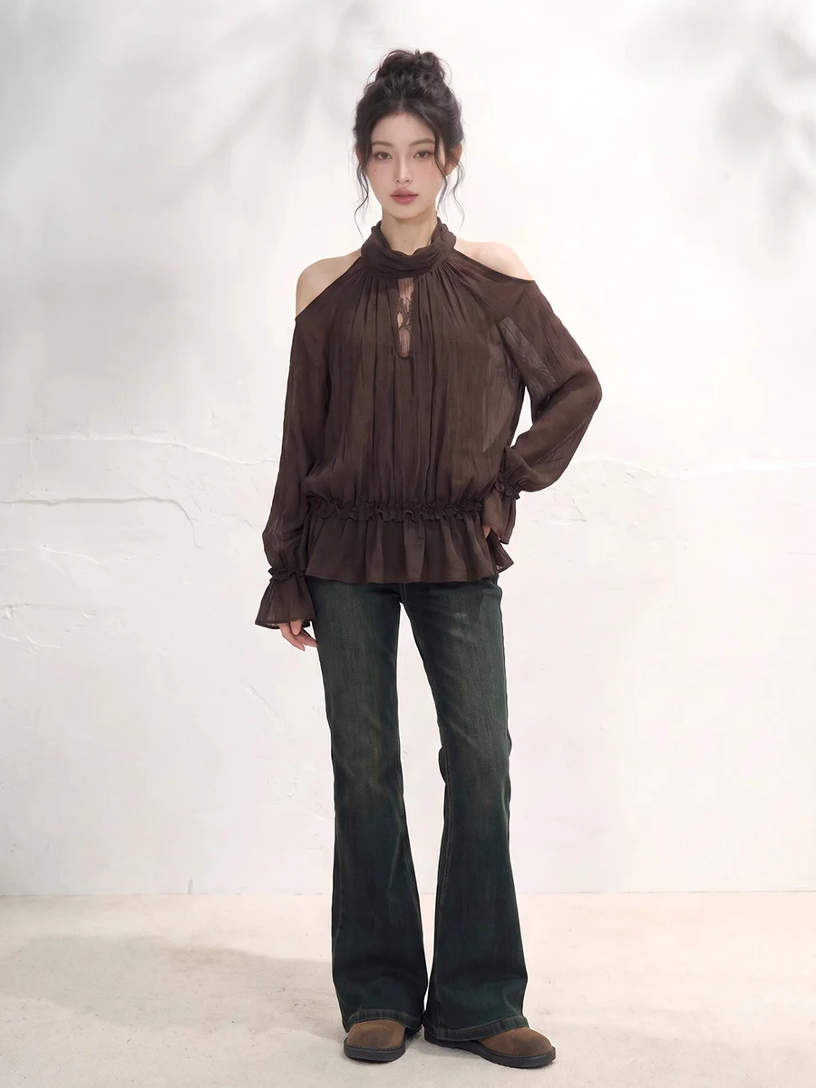 Retro Neck Hanging Shoulder Shirt Women's Spring Autumn Slimming Waist Design Lily Slimming Personality Top French Style...