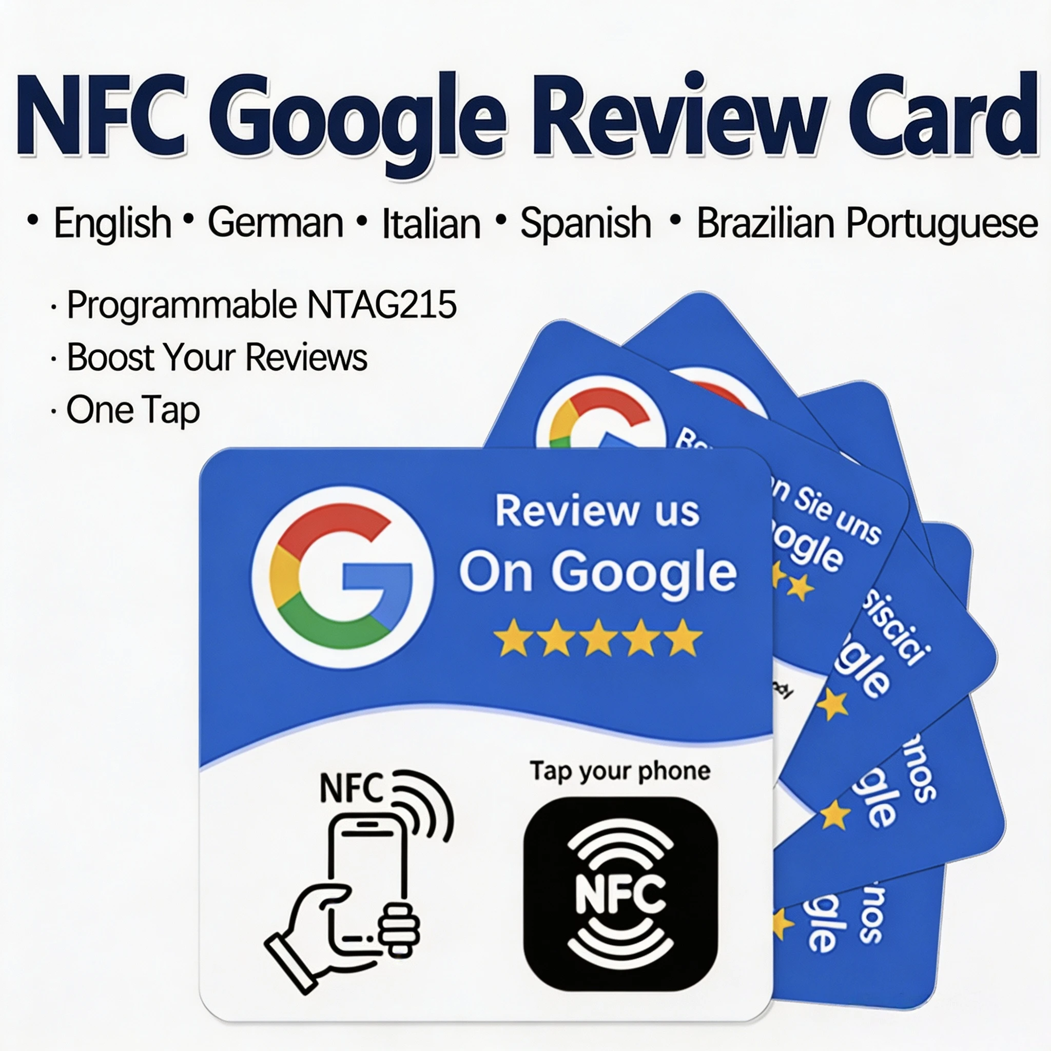 NFC Google Review Card 13.56MHz NFC215 Programmable Tap Card Spanish French German Italian English Boost 5 Star Reviews Business