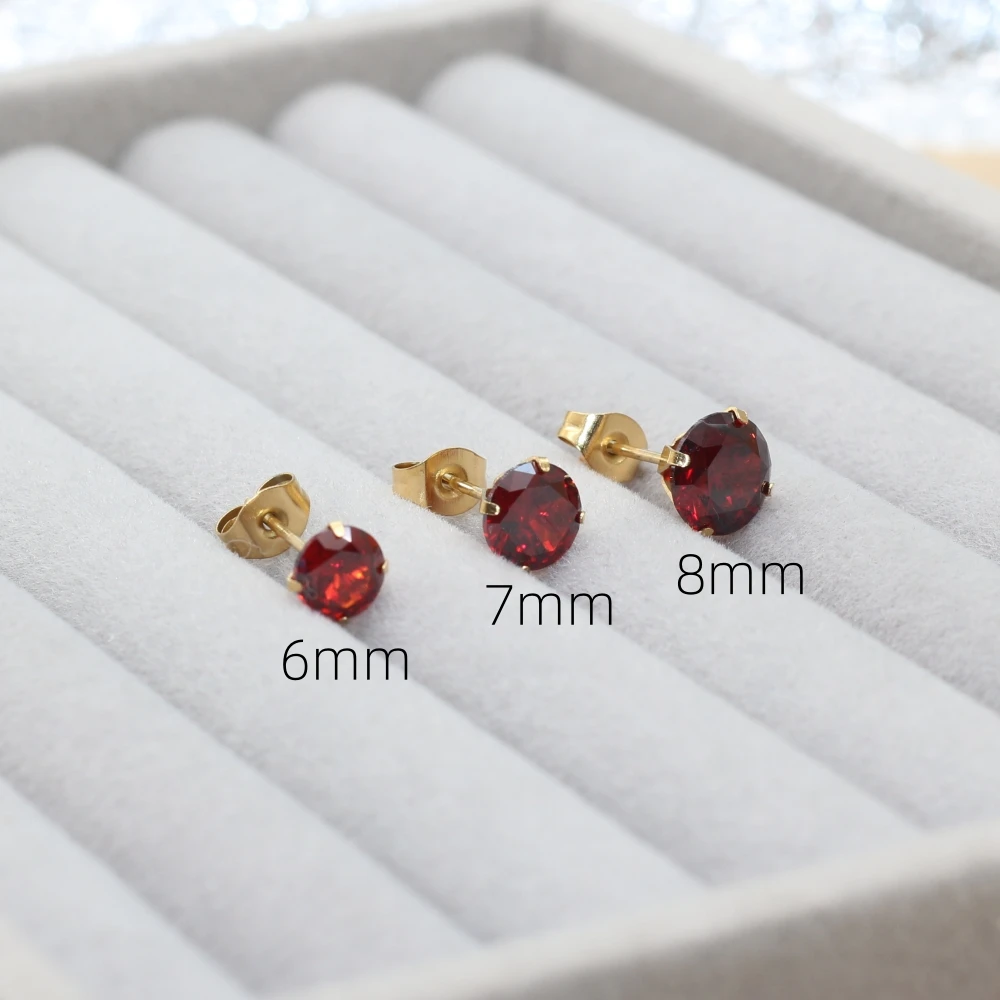 6 7 8mm Round Promegranate Red AAA Zircons Stainless Stell Stud Earrings Golden IP Plating No Fade Allergy Free