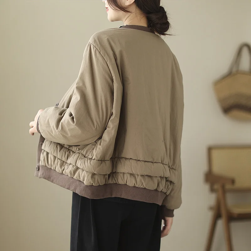 여성용 티엔드 코튼 자켓 가을 겨울 레트로 패치워크 코트 스탠드 칼라 싱글 버튼 단색 출퇴근 스타일