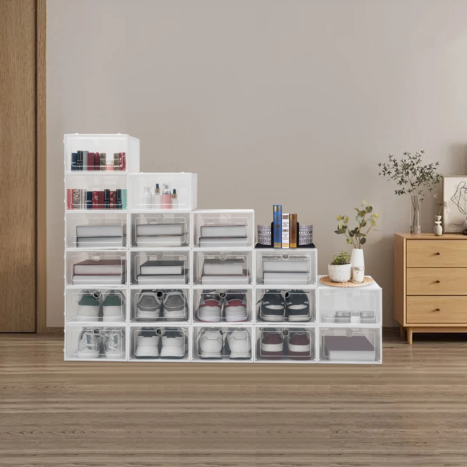 

20 Pcs Shoe Storage Boxes Clear Plastic Stackable Shoe Organizer For Display Sneakers Space Saving Foldable Sneaker Containers