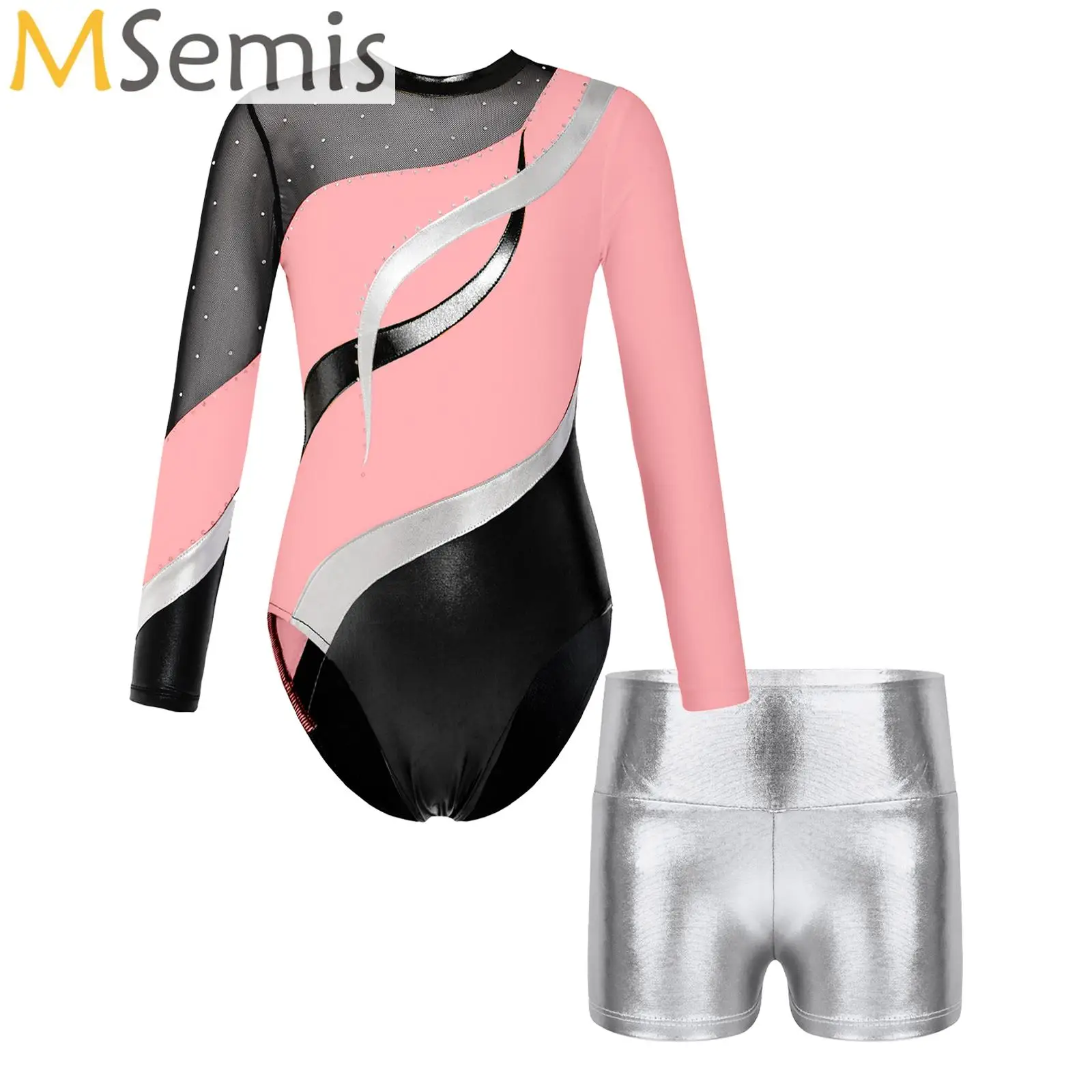 

Gymnastics Leotards for Girls Long Sleeve Kids Ballet Dance Tumbling Outfit Matching Workout Shorts Set Age 6-16 Years