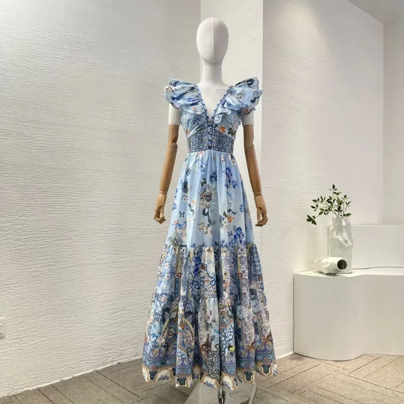 Women's  Attractive High Quality Blue Floral Print Sleeveless Ruffles Deep V Neck Cut Out Waist Back Maxi Dresses for New 2025