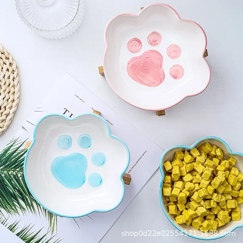 Cute Cat Dog Bowl Ceramic Pet Bowl with Bamboo Stand Cat Paw Shape Pet Drinking Bowl Food Container Cat and Dog Feeding Supplies