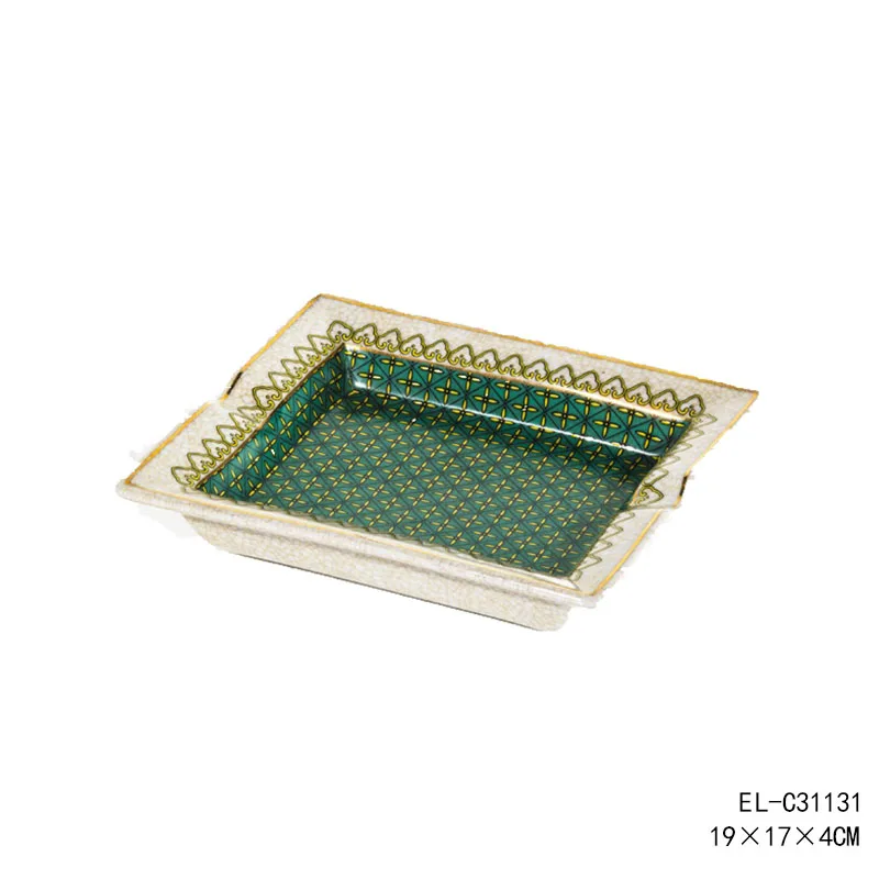 

French pastoral vintage ceramic painted diamond checkered green checkered blue yellow square ashtray