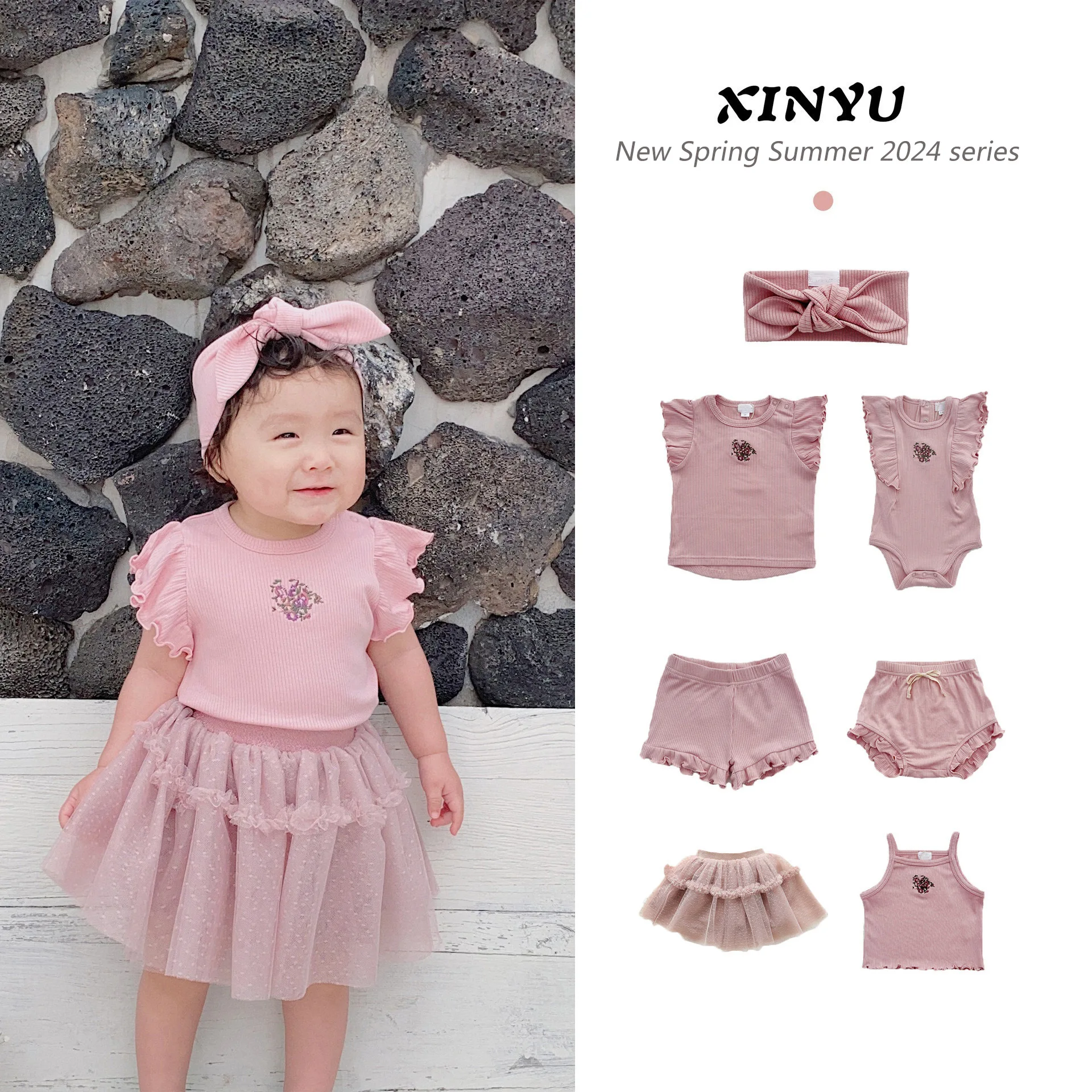 

Jenny&Dave Girls pure cotton pink fluffy skirt 2024 spring/summer new baby flying sleeve suspender baby bread pants set for chil