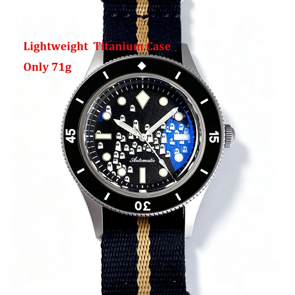 50-Fathoms Titanium/Steel Retro 40mm AR Sapphire Ghost Pattern Dial Lume 20ATM Diver Automatic Miyota 8215 Movement Men Watch