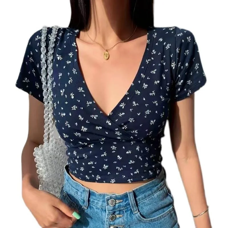 Seksowna koszulka T-shirt 2023 Letnia bluzka damska Top z dekoltem w serek Nadruk Kwiatowy wzór Włókno poliestrowe Do pracy Młodzieżowa Letnia F...