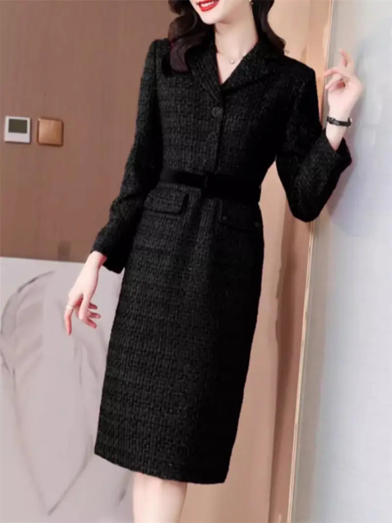 Autumn/Winter Suit Collar Dress For Women 2023 New High End Celebrity Style Slim Thick Tweed Wrapped Hip Dress Office Lady Z4060