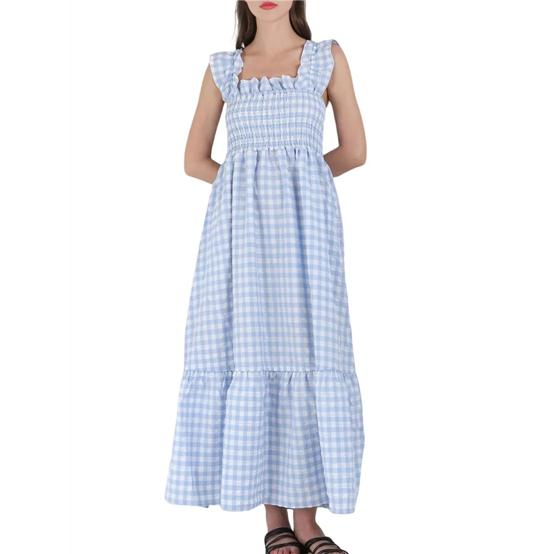 FX-Abito lungo da donna con volant scozzese retrò e cinturino per spaghetti