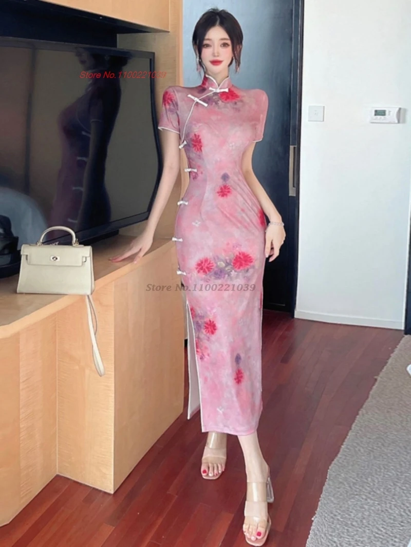 

2026 chinese folk dress improved cheongsam traditional flower print sexy qipao retro nightclub bodycon evening dress vestido