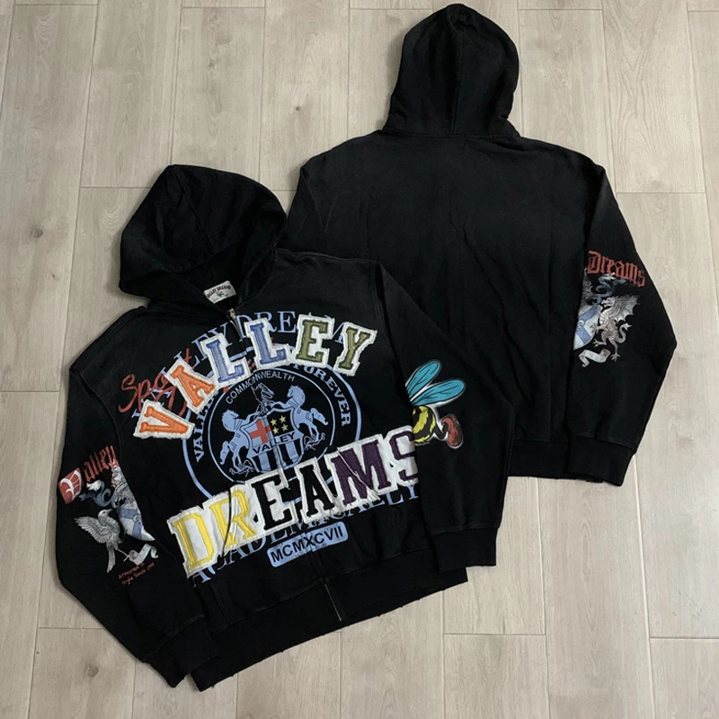 Men Washed Vintage Vale Zip Up Hoodies Frayed Patch Letter Cartoon Print Loose Streetwear Sweatshirts