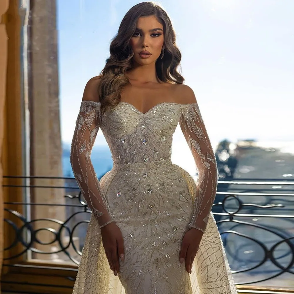 Gorgeous Mermaid Wedding Dresses For Women Sweetheart Long Sleeves Bridal Gown Sequins Crystal Skirt Detachable Train Dress