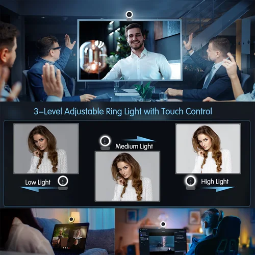 Imagen 2 del producto EXHQDR Cámara web USB 4K/1080P con anillo de enfoque automático, cubierta de privacidad, trípode tipo C para PC, Zoom, transmisión de reuniones