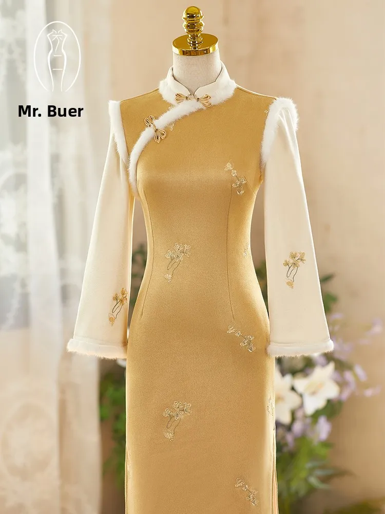 

Желтая утепленная женская китайская традиционная теплая повседневная кофта средней длины с длинными рукавами из полиэстера