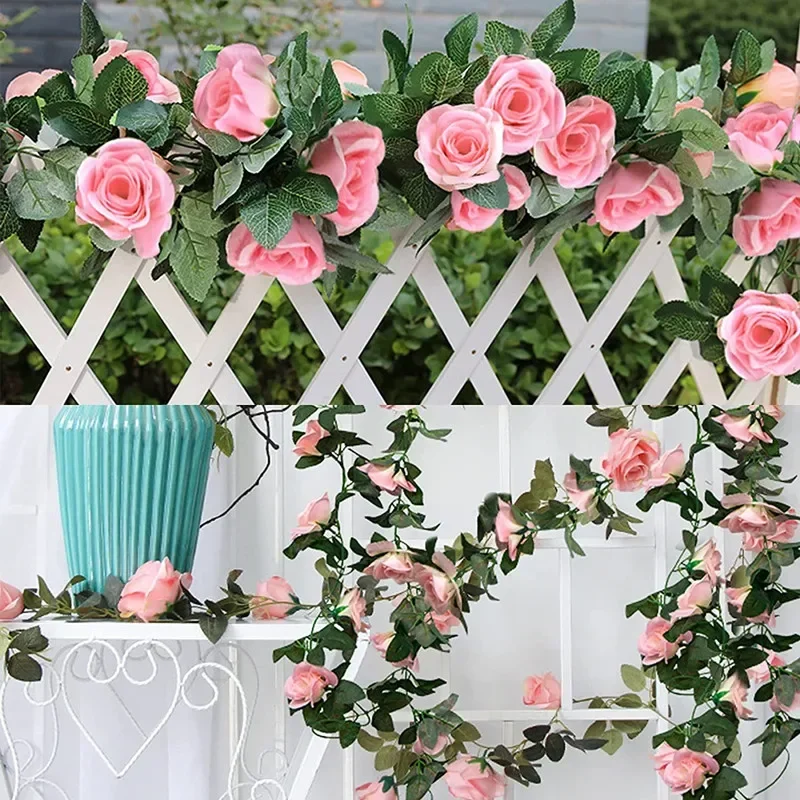 2M Artificial Pink Silk Peony Big Flowers Vines Ivy Rattan Wedding Party Wall Hanging Garland Home Garden Decoration Green Plant