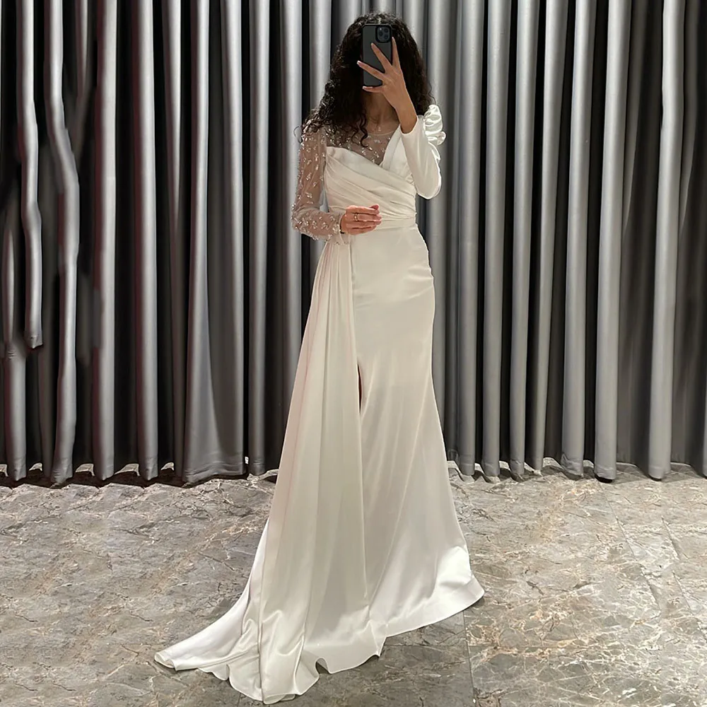 

Msikoods Satin Beads Mermaid Prom Dresses With Draped Train Long Sleeves Pleats Dubai Arabic Women Evening Gowns Formal Party