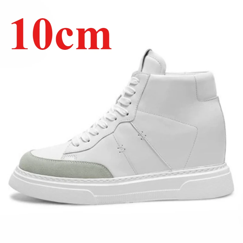 Genuine Leather Casual Height Increasing Shoes for Men's 10cm Elevator Sports Shoes Daily Comfortable High Top White Board Shoes