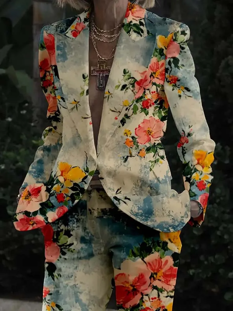 

New Pattern Printed Long Sleeved Autumn Outfit Elegant Slim Fit 2 Piece Sets Fashion Women's Lapel Button Blazer + Pants Suits