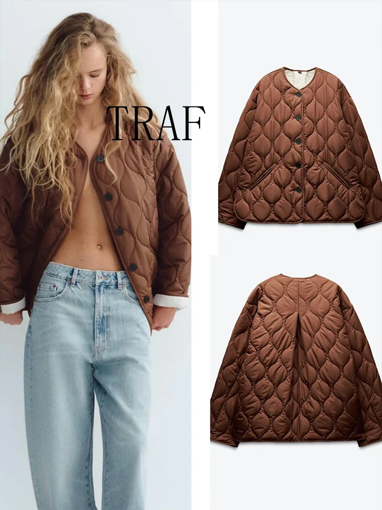 

TRAF European and American style autumn new fashion women's clothing loose simple versatile round neck long sleeve cotton jacket