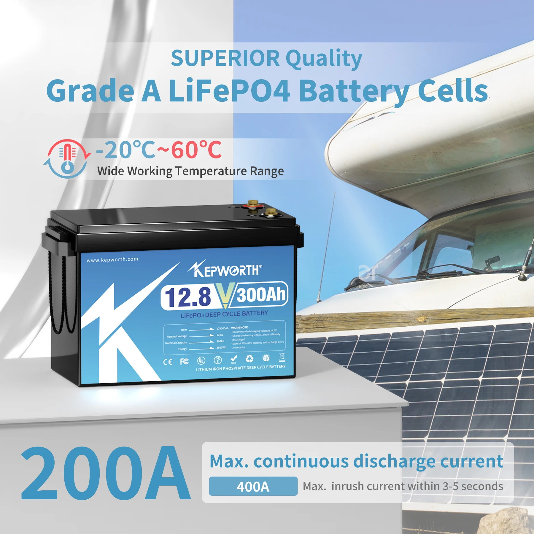 KEPWORTH 12V 300Ah Lithium Iron Phosphate Battery With Upgraded BMS 6000 Cycles For RV Campers Golf Cart Off-Road Off-Grid