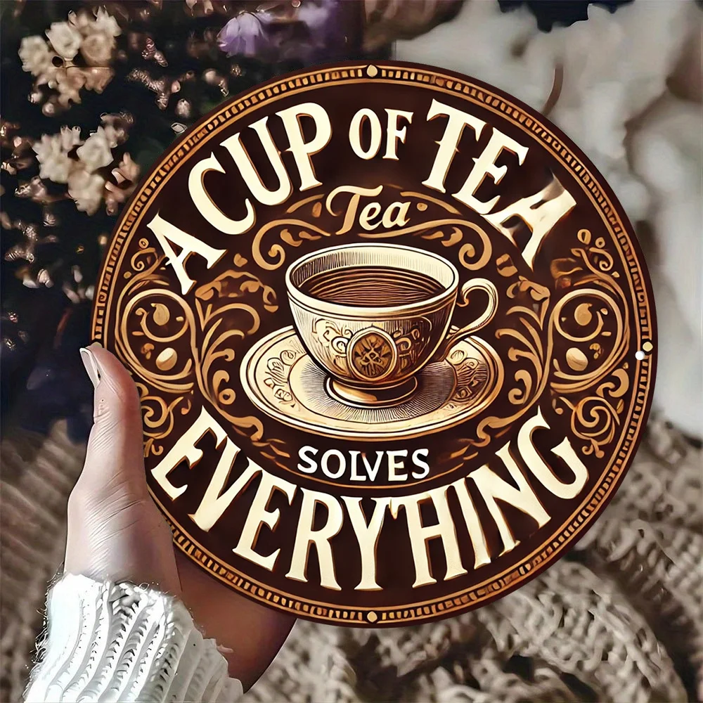 2D Flat - 1pc 2D Printed Metal Tin Sign Featuring a Vintage-Style Round Wall Plaque That Reads 'A Cup of Tea Solves Everything.'