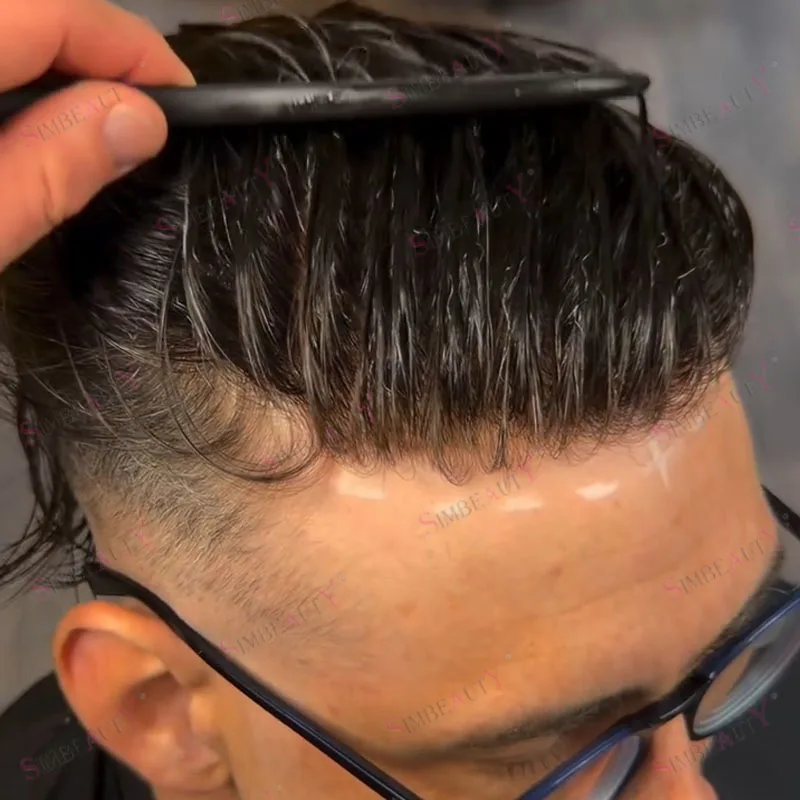 

Дышащий незаметный протез для волос из 100% натуральных европейских человеческих волос с естественной линией роста волос, 80% плотность # 1B30 # 410 серых мужских париков