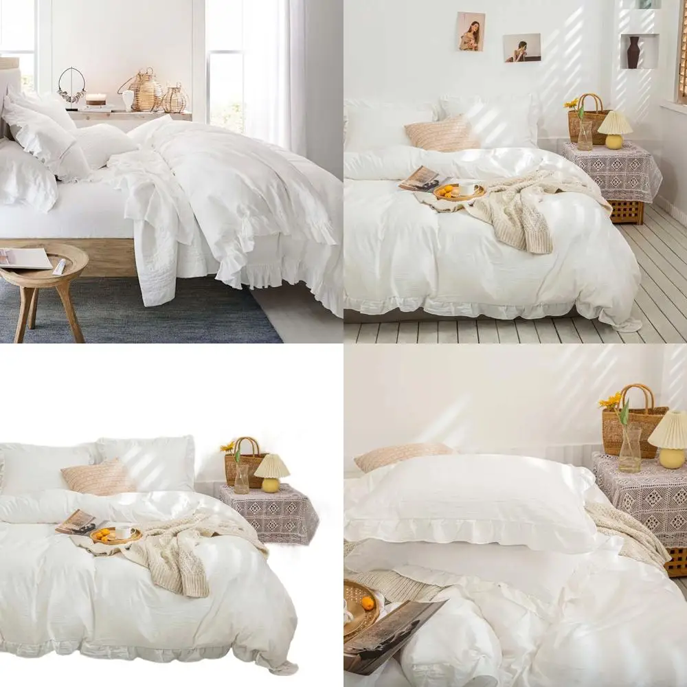 

Queen Size Ruffled Comforter Set, Reversible Down Alternative 3PC Bedding, Soft Microfiber Duvet Cover Set, Farmhouse Vintage St