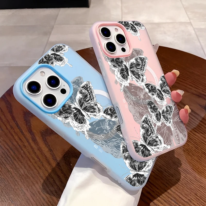 

Магнит, простой тренд, крутой эстетизм, черный чехол с белыми краями и бабочкой для телефона IPhone 16, 15, 14, 13, 12, 11 PROMAX, чехол для телефона