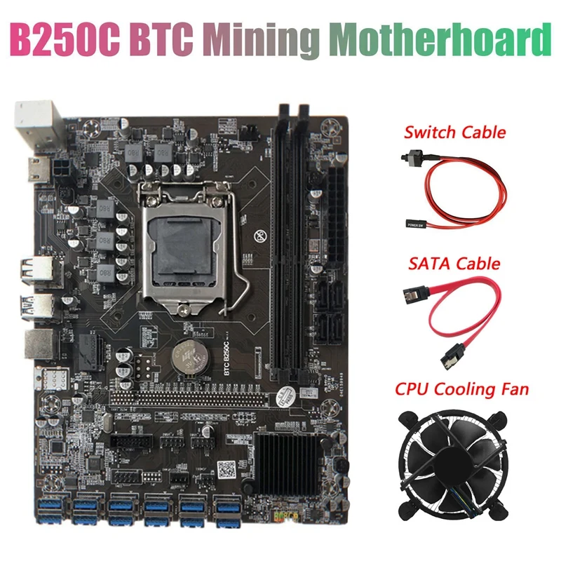 

B250C BTC Miner Motherboard With Switch Cable+SATA Cable+Fan 12XPCIE To USB3.0 Card Slot LGA1151 Supports DDR4 DIMM RAM