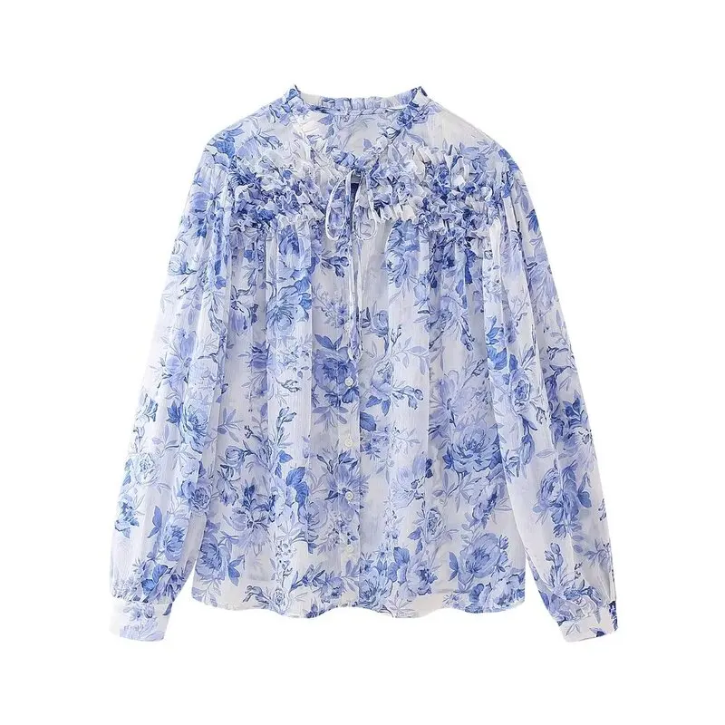 Spring 2024 Women's Faion Layered Floral Print Blouse French Sle Loose Fit Long Sve V-Ne Printed Design Casual irt