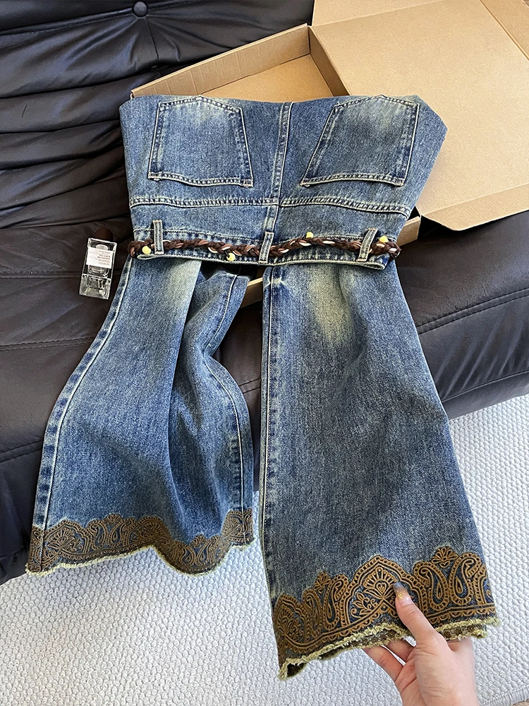 Retro Waed Embroidered Denim Jeans Loose Wide Leg Pants Women's Casual Comfortable Slimming High Waist Jeans Blue