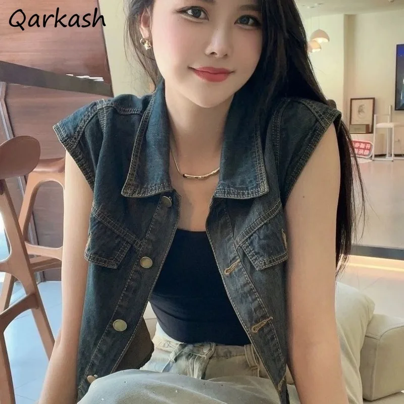 Denim Vests Women Summer New Retro Hong Kong Vintage Fake Pockets Design Minority Short Sleeveless Coats Cool Stylish Outerwear