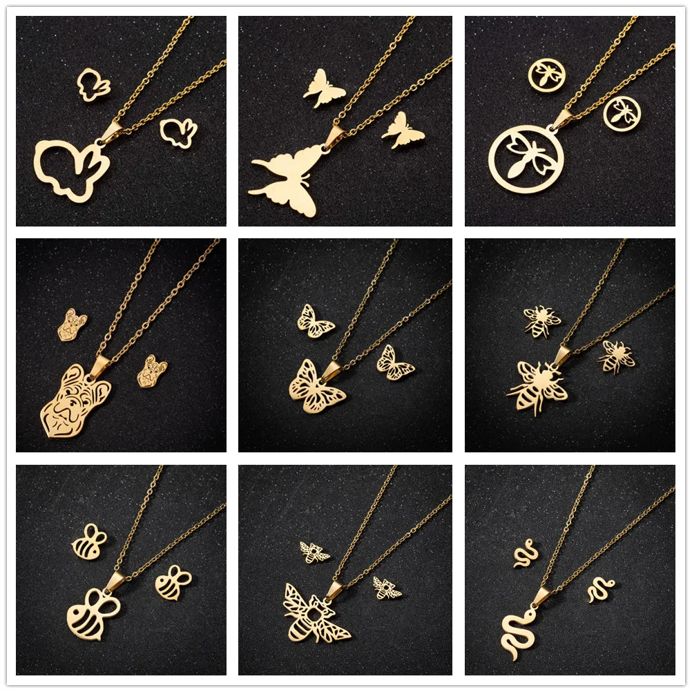 Niedliches Kaninchen-Tier-Edelstahl-Schmuckset für Frauen, goldfarben, Ohrringe und Halskette, Anhänger, Charm, Hochzeit, Braut, Party, Geschenk
